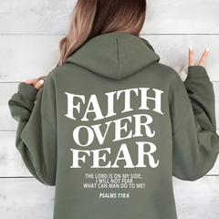 2 Sided Faith Over Fear Christian Hoodie Unisex Sweatshirt with Bible Verse, Trendy Aesthetic, and Comfort Colors