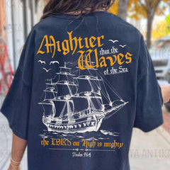 2 sided Mightier than the Waves, Retro Sailor, Vintage Men's Bible shirt, Minimal Christian Dad Fishing shirt