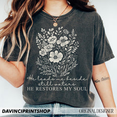 He Leads Me Beside Still Waters shirt, Christian Shirt For Women shirt, Boho Christian shirt, Floral Bible Verse shirt, Faith shirt, Religious shirt