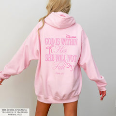 2 sided Pink Christian Hoodie God Is Within Her She Will Not Fall Coquette Christian Hoodie Jesus Hoodie Christian Sweatshirt Christian Bible Verse