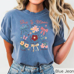 She Is Mom Shirt, Coquette Mother's Day Shirts, Religious Bow T-Shirts, Floral Mama Gift, Bible Verse Mom T-Shirt, Boho Floral Mama Crewneck