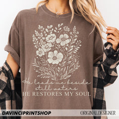 He Leads Me Beside Still Waters shirt, Christian Shirt For Women shirt, Boho Christian shirt, Floral Bible Verse shirt, Faith shirt, Religious shirt