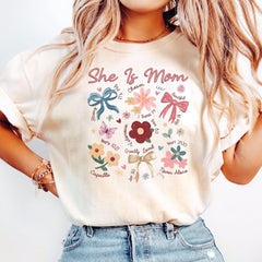 She Is Mom Shirt, Coquette Mother's Day Shirts, Religious Bow T-Shirts, Floral Mama Gift, Bible Verse Mom T-Shirt, Boho Floral Mama Crewneck