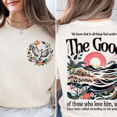 2 sided We Know That In All Things God Works For The Good Shirt, Jesus Tee, Christian Shirt, Inspirational T-shirt, Faith Sweatshirt, Faith Love Tee