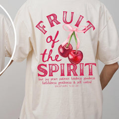 Fruit of The Spirit Christian Shirt, Coquette Pink Bow Cherries Graphic Tee, Trendy Faith Apparel, Back Print Jesus Bible Verse Tshirt Gift