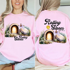 2 sided Rolling Stones He Is Risen shirt, Funny Easter Christian, apparel, Religious Resurrection shirt