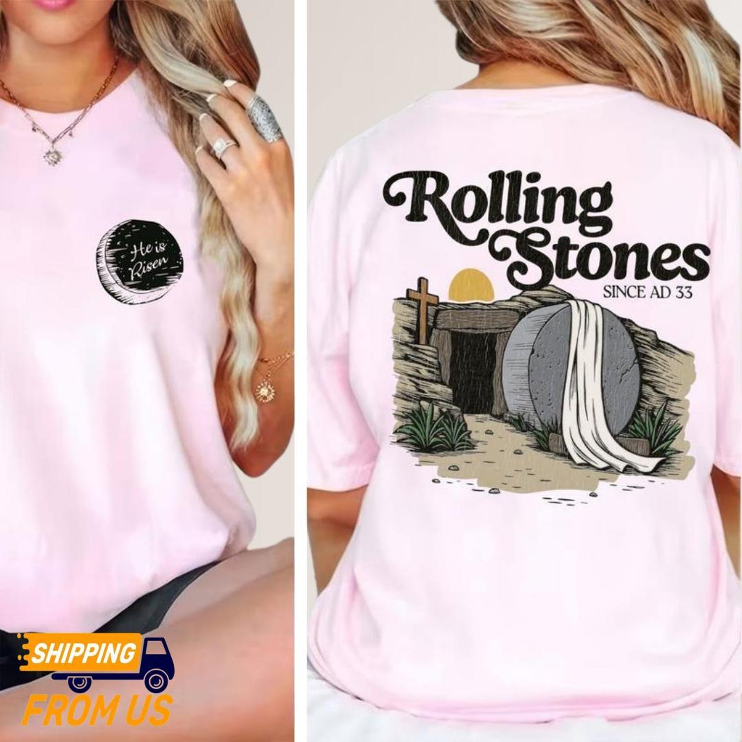 2 sided Rolling Stones Shirt, He Is Risen Shirt, Easter Trendy Shirt, Faith-Based Graphic Tee, Jesus Christ Shirt, Gift For Christian