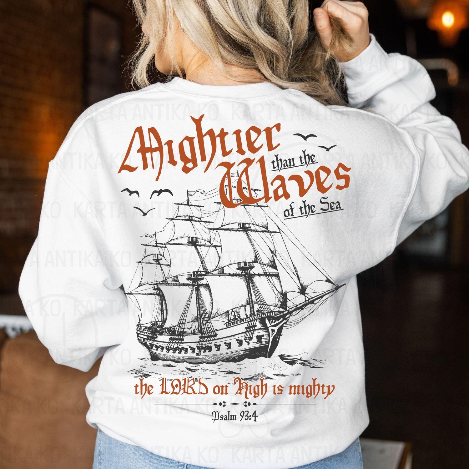 2 sided Mightier than the Waves, Retro Sailor, Vintage Men's Bible shirt, Minimal Christian Dad Fishing shirt