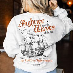 2 sided Mightier than the Waves, Retro Sailor, Vintage Men's Bible shirt, Minimal Christian Dad Fishing shirt