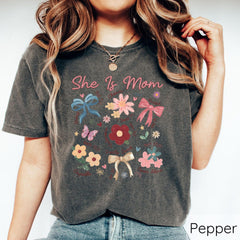 She Is Mom Shirt, Coquette Mother's Day Shirts, Religious Bow T-Shirts, Floral Mama Gift, Bible Verse Mom T-Shirt, Boho Floral Mama Crewneck