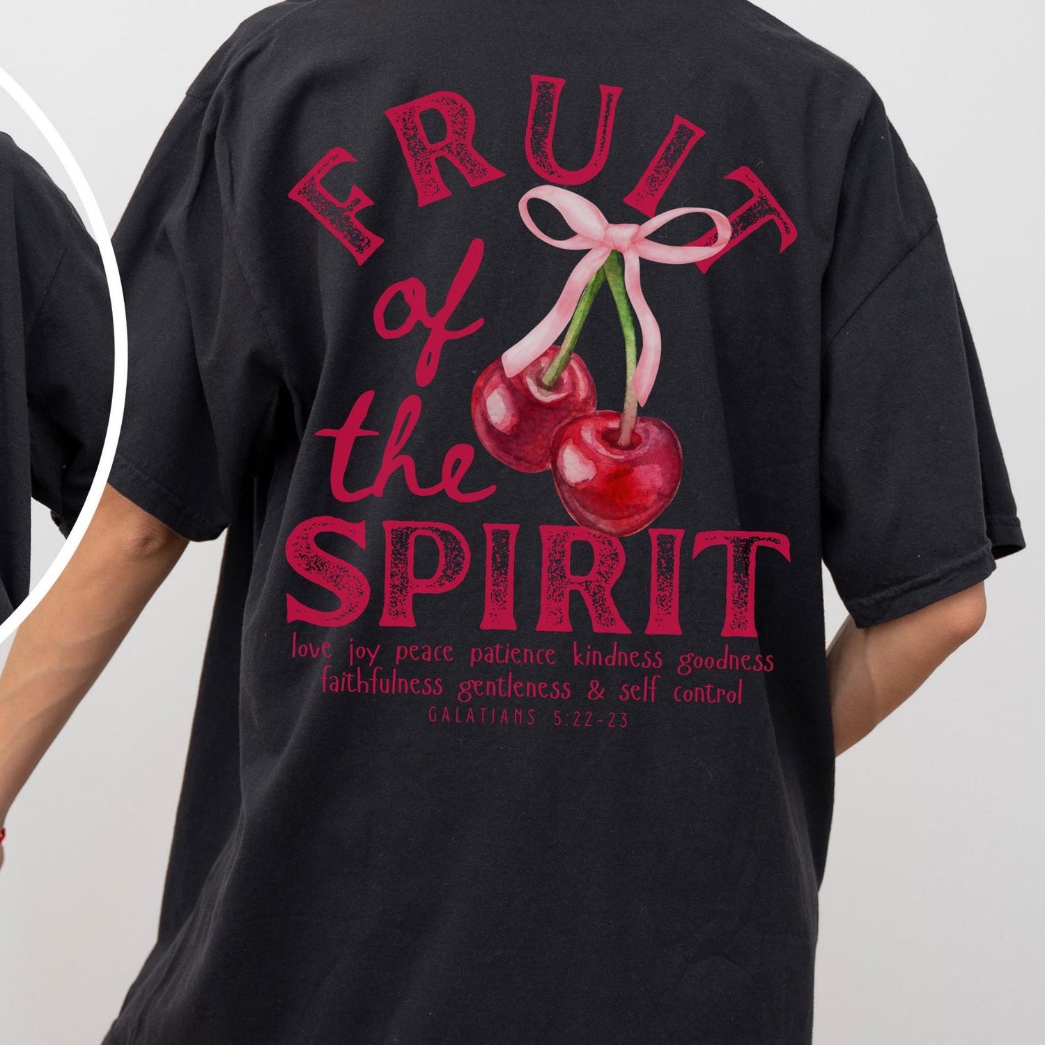 Fruit of The Spirit Christian Shirt, Coquette Pink Bow Cherries Graphic Tee, Trendy Faith Apparel, Back Print Jesus Bible Verse Tshirt Gift