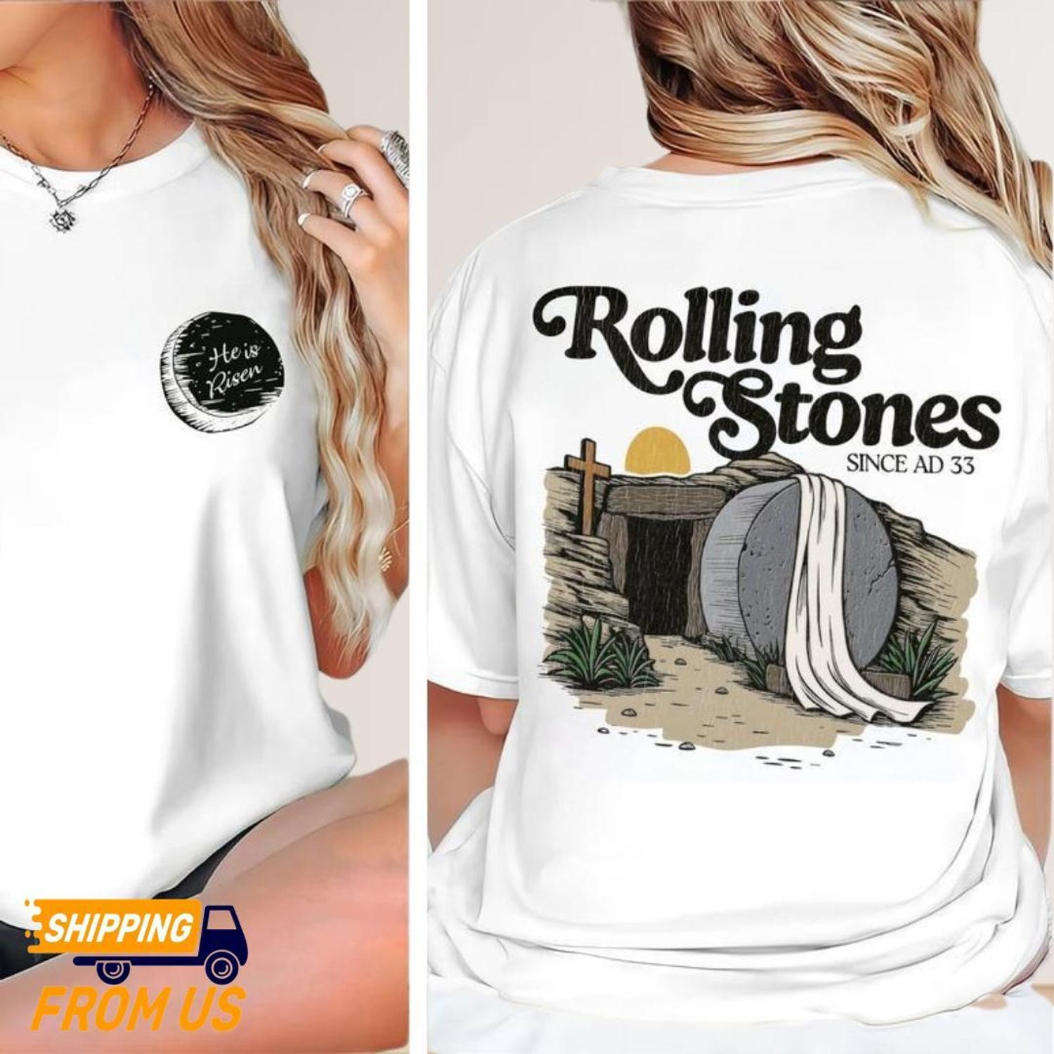 2 sided Rolling Stones Shirt, He Is Risen Shirt, Easter Trendy Shirt, Faith-Based Graphic Tee, Jesus Christ Shirt, Gift For Christian