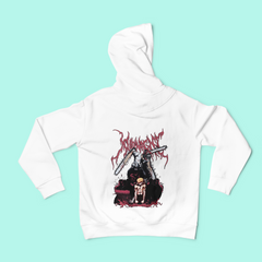 a white hoodie with a picture of a dog on it