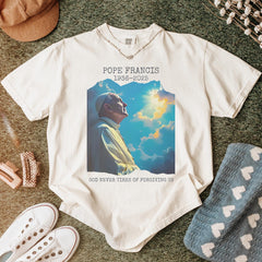 Pope Francis Memorial T-Shirt - Comfort Colors Tee, God Never Tires of Forgiving Us, Christian Tribute  Tshirt, Faith Shirt