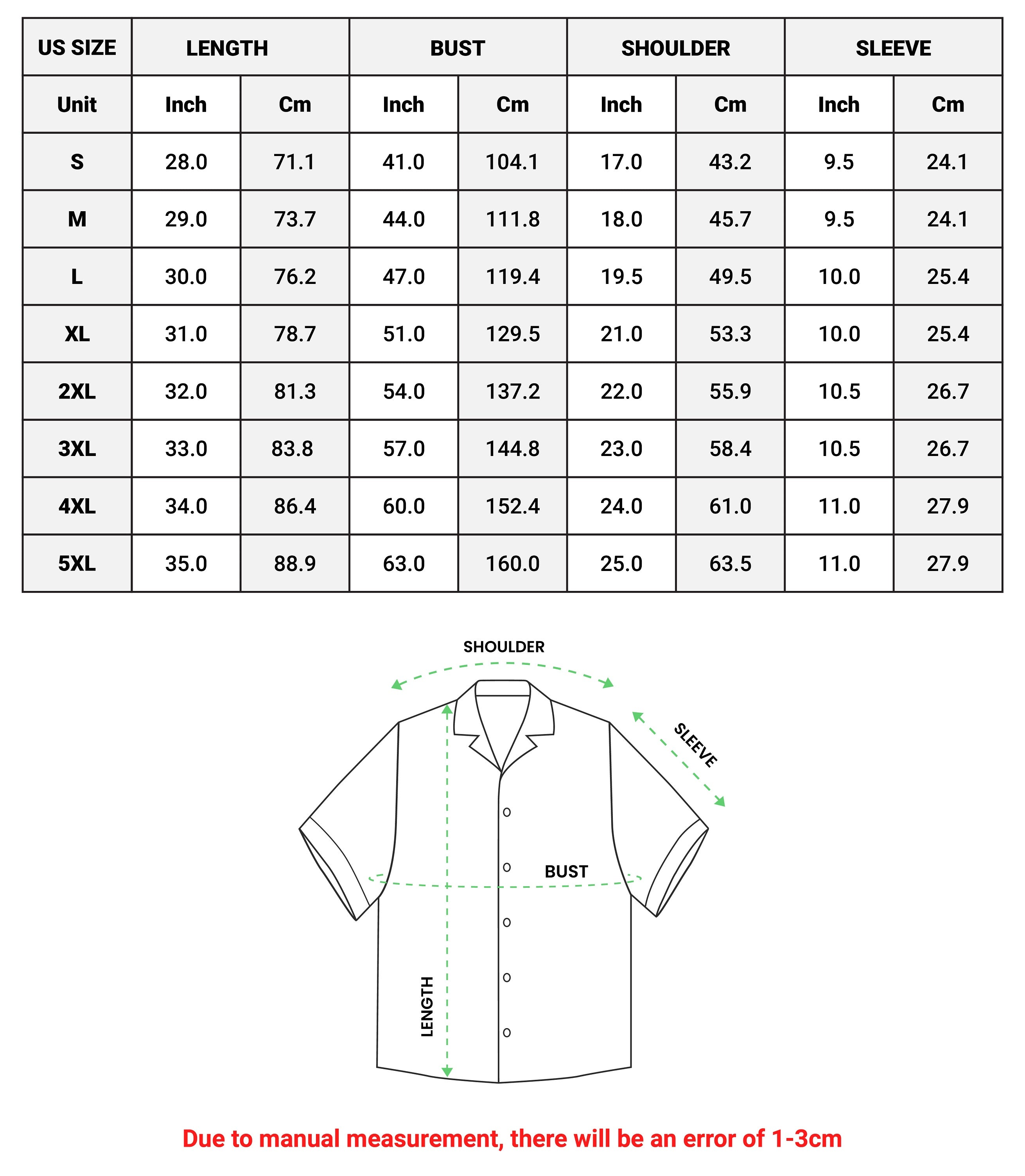 a size guide for a shirt with measurements