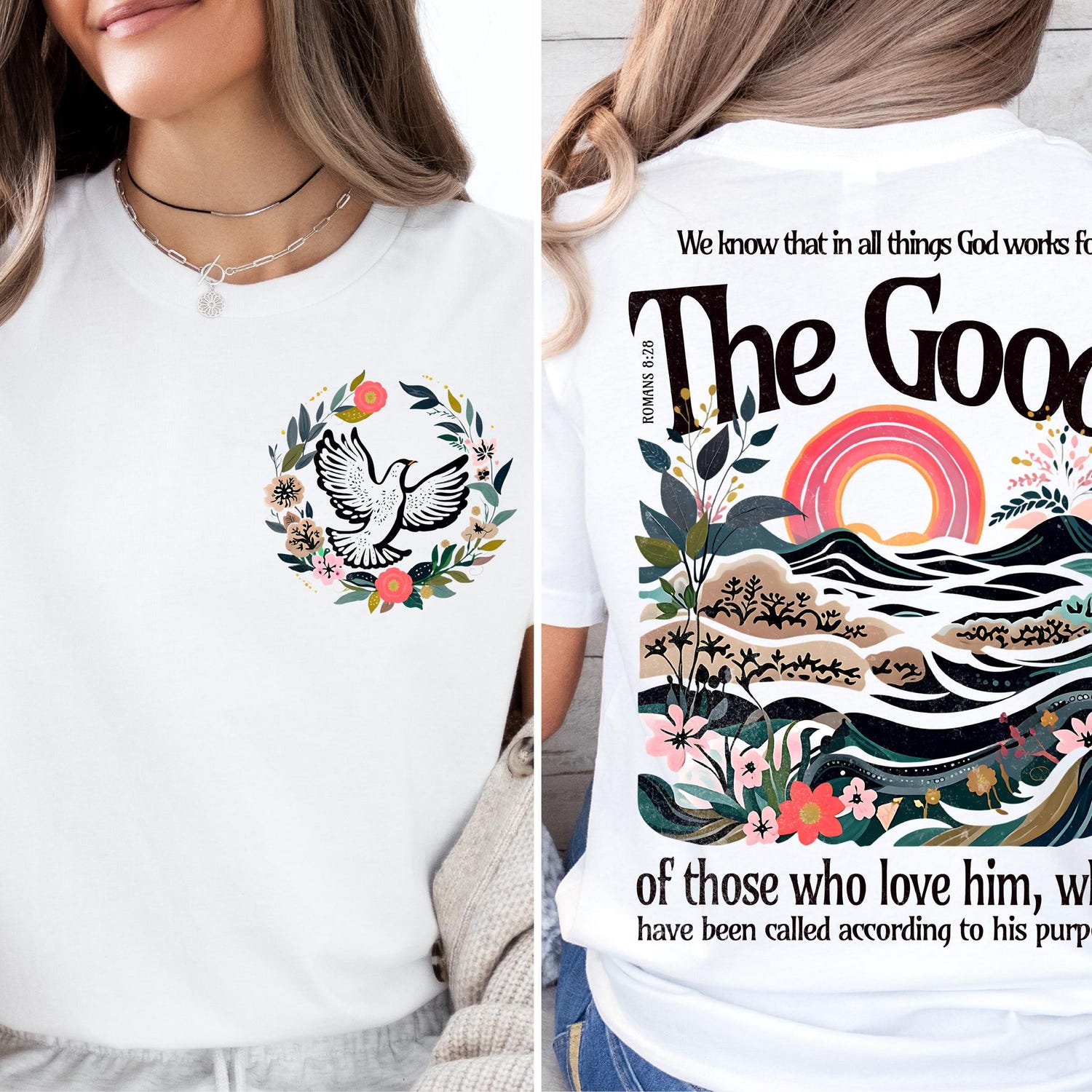2 sided We Know That In All Things God Works For The Good Shirt, Jesus Tee, Christian Shirt, Inspirational T-shirt, Faith Sweatshirt, Faith Love Tee