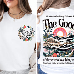 2 sided We Know That In All Things God Works For The Good Shirt, Jesus Tee, Christian Shirt, Inspirational T-shirt, Faith Sweatshirt, Faith Love Tee
