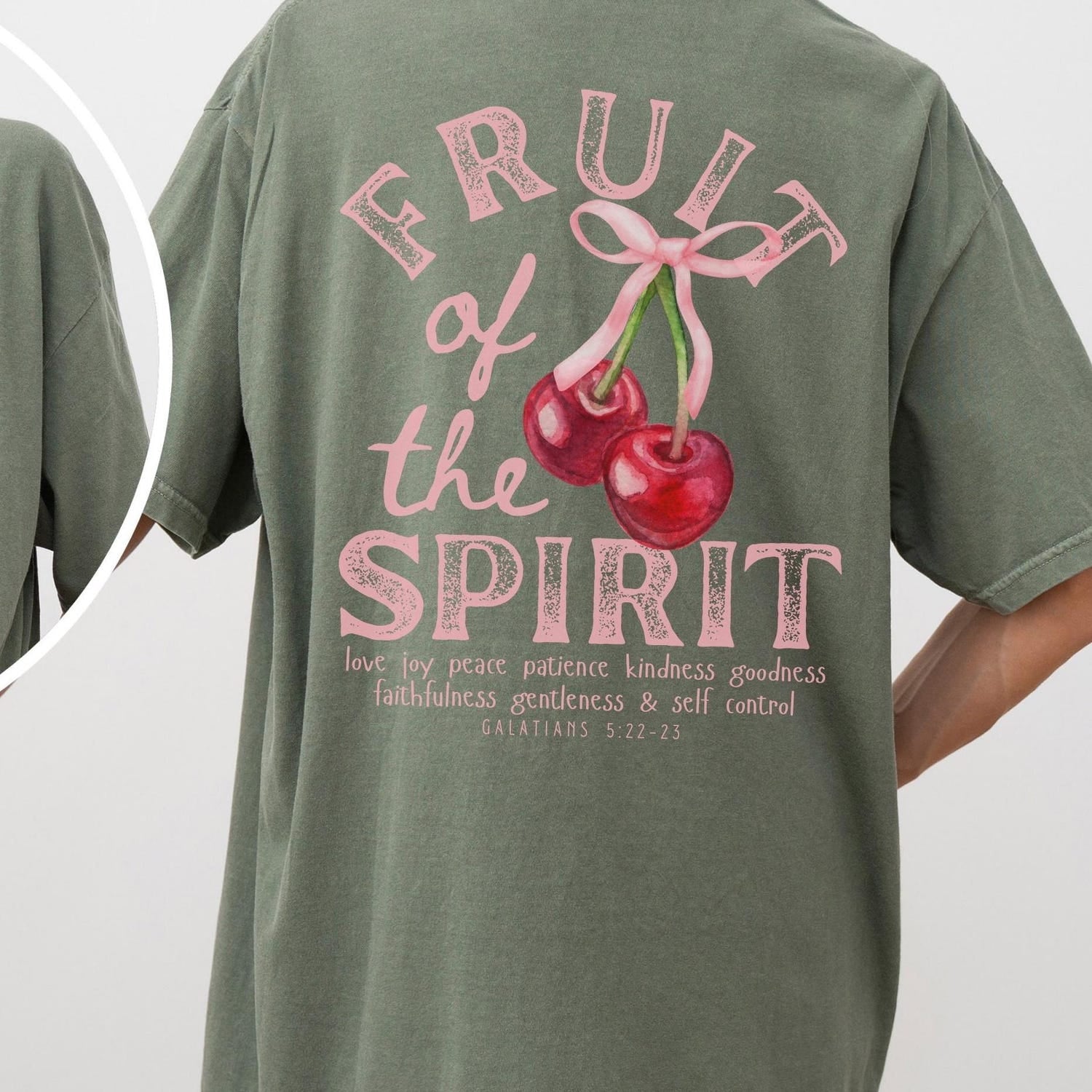 Fruit of The Spirit Christian Shirt, Coquette Pink Bow Cherries Graphic Tee, Trendy Faith Apparel, Back Print Jesus Bible Verse Tshirt Gift