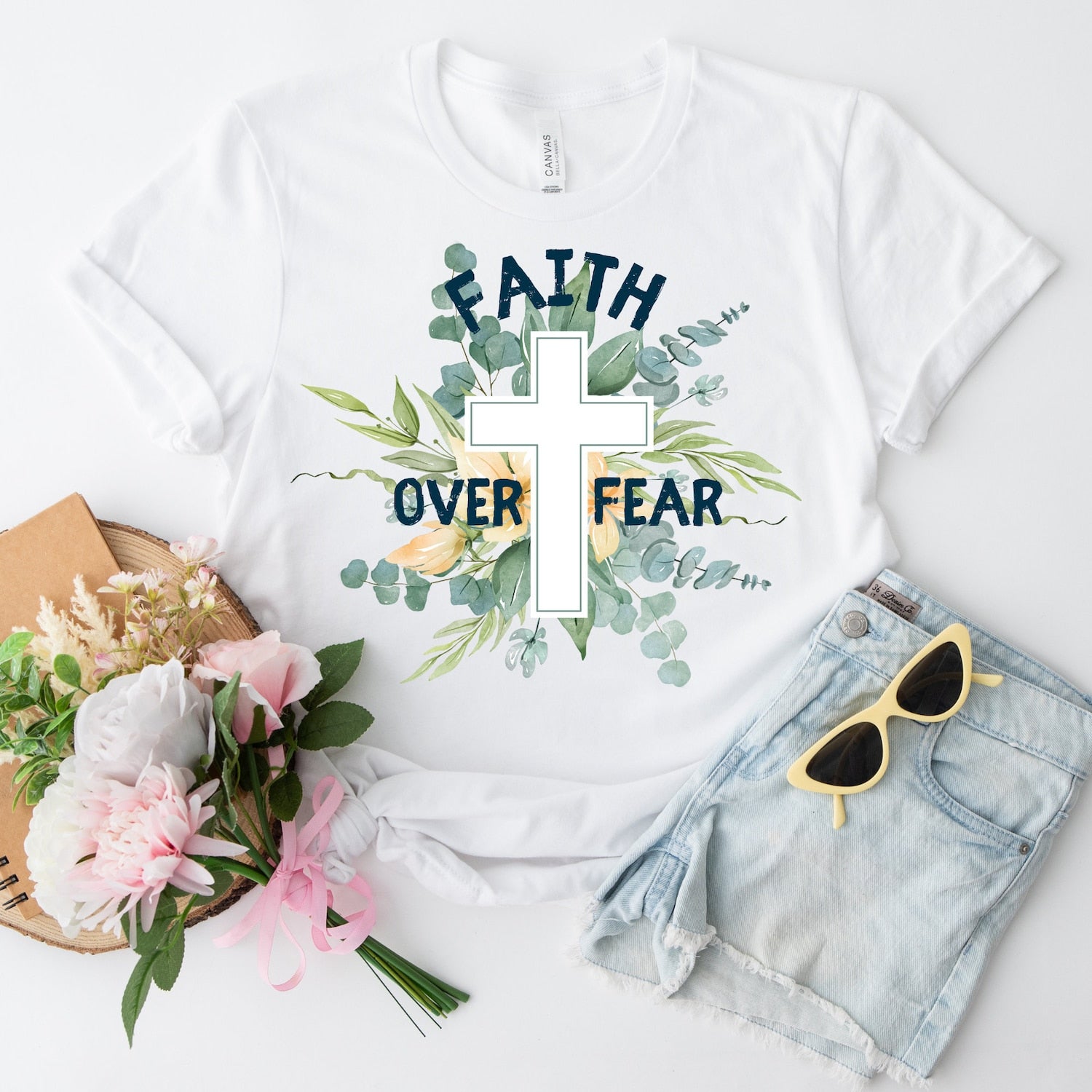 Faith Over Fear Christian t shirt Floral Christian Clothing Cross Trendy Christian Sweatshirt Faith Based Sweater Catholic Gift Bible Shirt