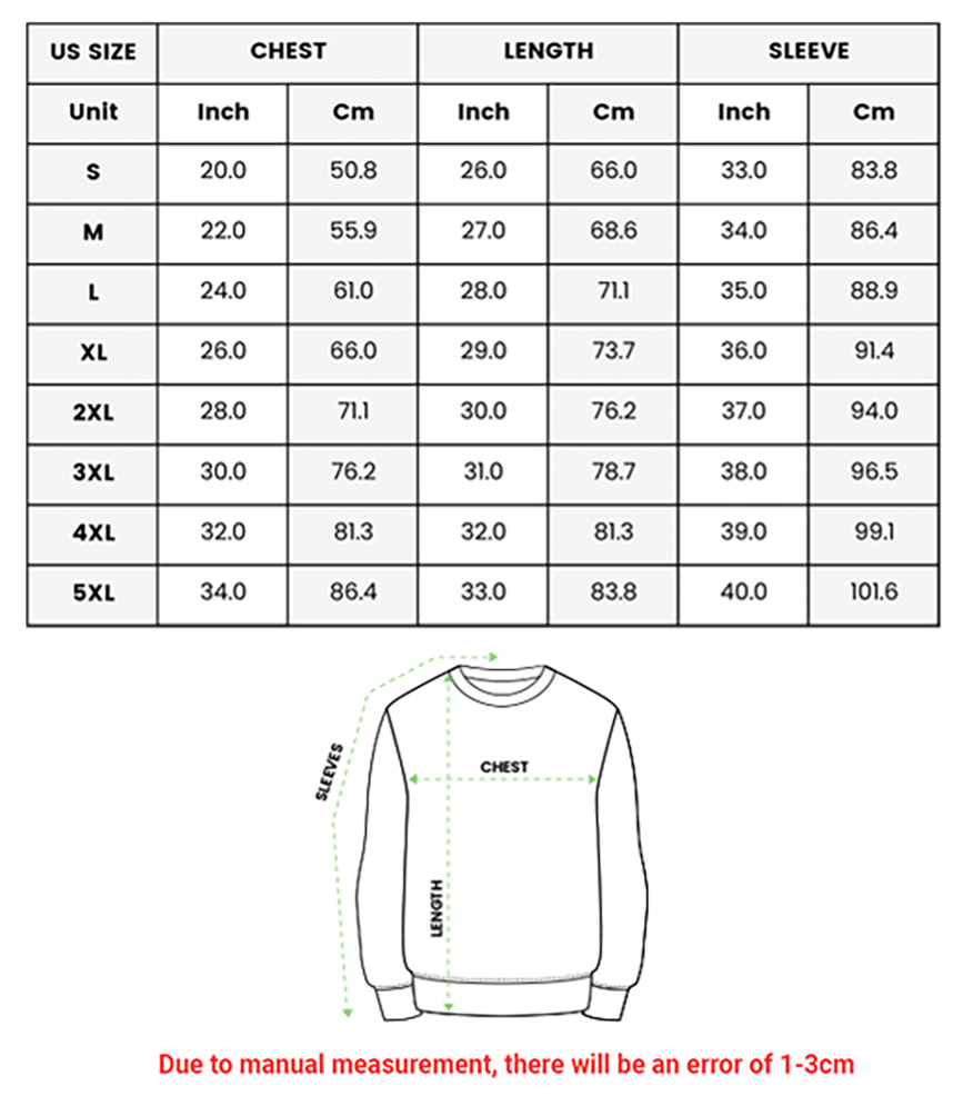 a size guide for a sweatshirt with measurements