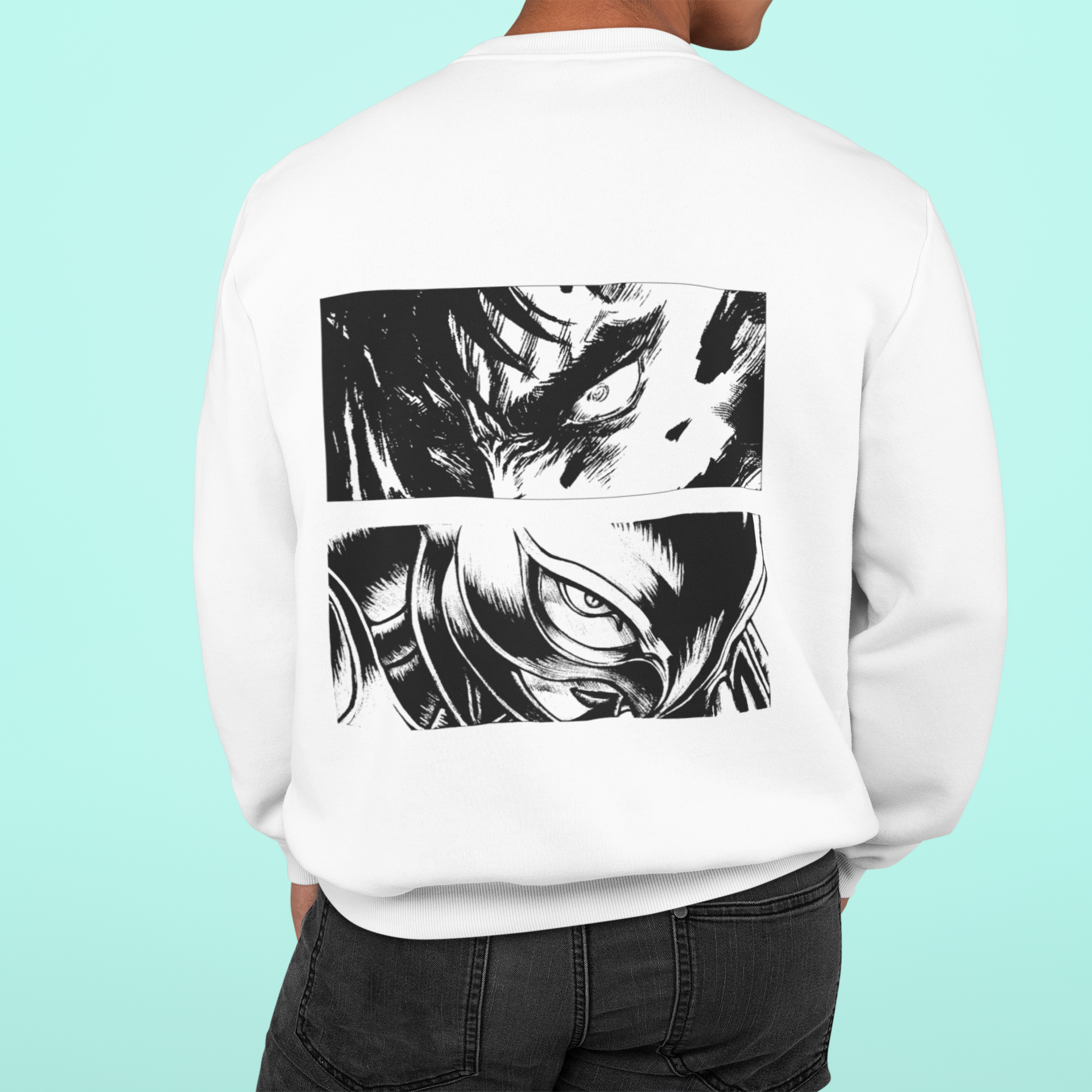 a man wearing a white sweatshirt with a black and white graphic on it