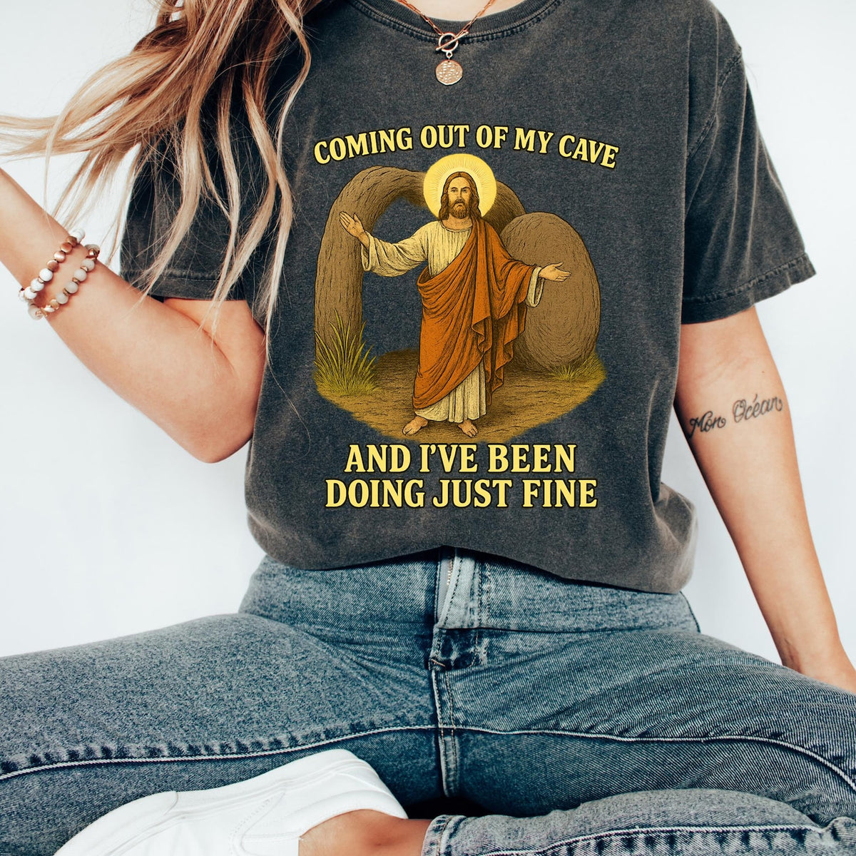 Jesus Coming Out Of My Cave And I've Been Doing Just Fine T-shirt, Christian Rolling Stones Sweatshirt, Faith Based Shirt, Jesus Lover Gift