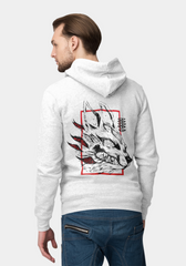 a man wearing a white hoodie with a dragon on it