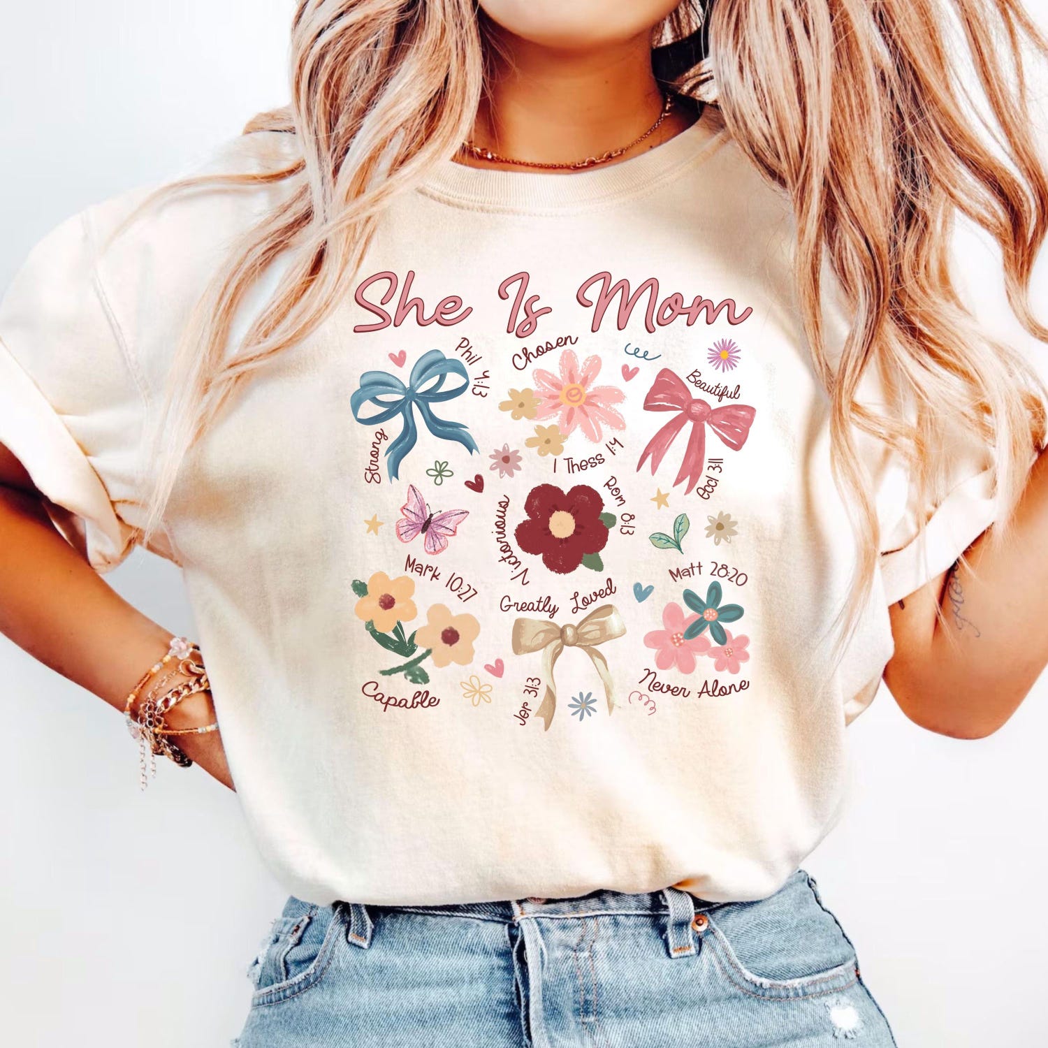 She Is Mom Shirt, Coquette Mother's Day Shirts, Religious Bow T-Shirts, Floral Mama Gift, Bible Verse Mom T-Shirt, Boho Floral Mama Crewneck