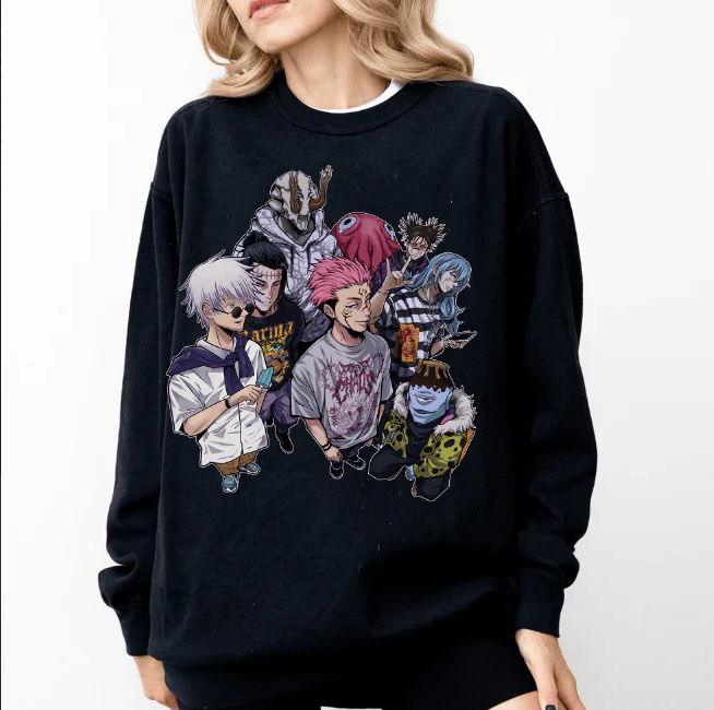 a woman wearing a black sweatshirt with anime characters on it