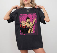 a woman wearing a black shirt with a picture of a man and woman on it