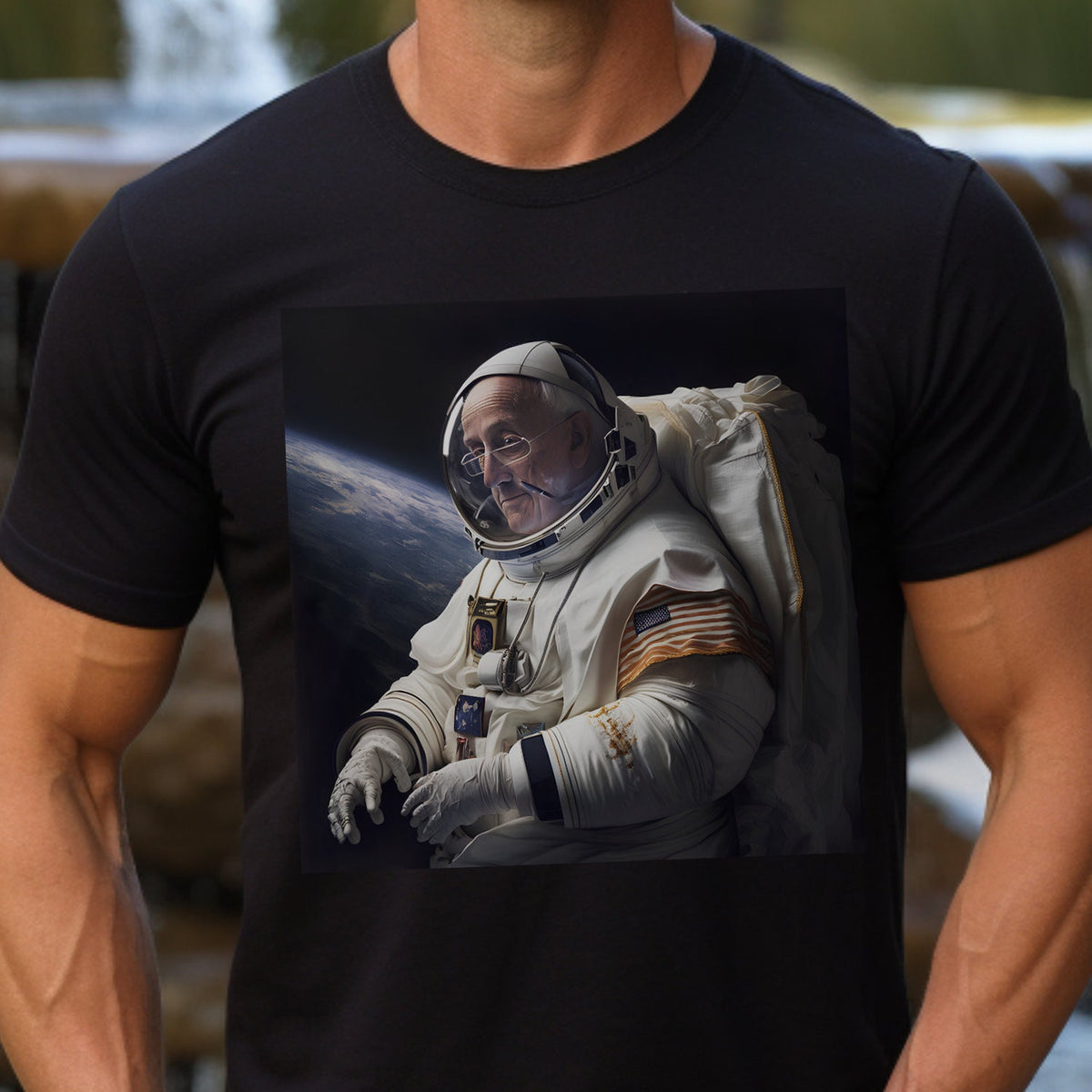 Space-Themed Pope Francis astronaut Tee, Ethical & Sustainable 100% US Cotton, Classic Comfort Fit, Itch-Free Label, Gildan Quality - Unisex
