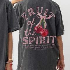 Fruit of The Spirit Christian Shirt, Coquette Pink Bow Cherries Graphic Tee, Trendy Faith Apparel, Back Print Jesus Bible Verse Tshirt Gift