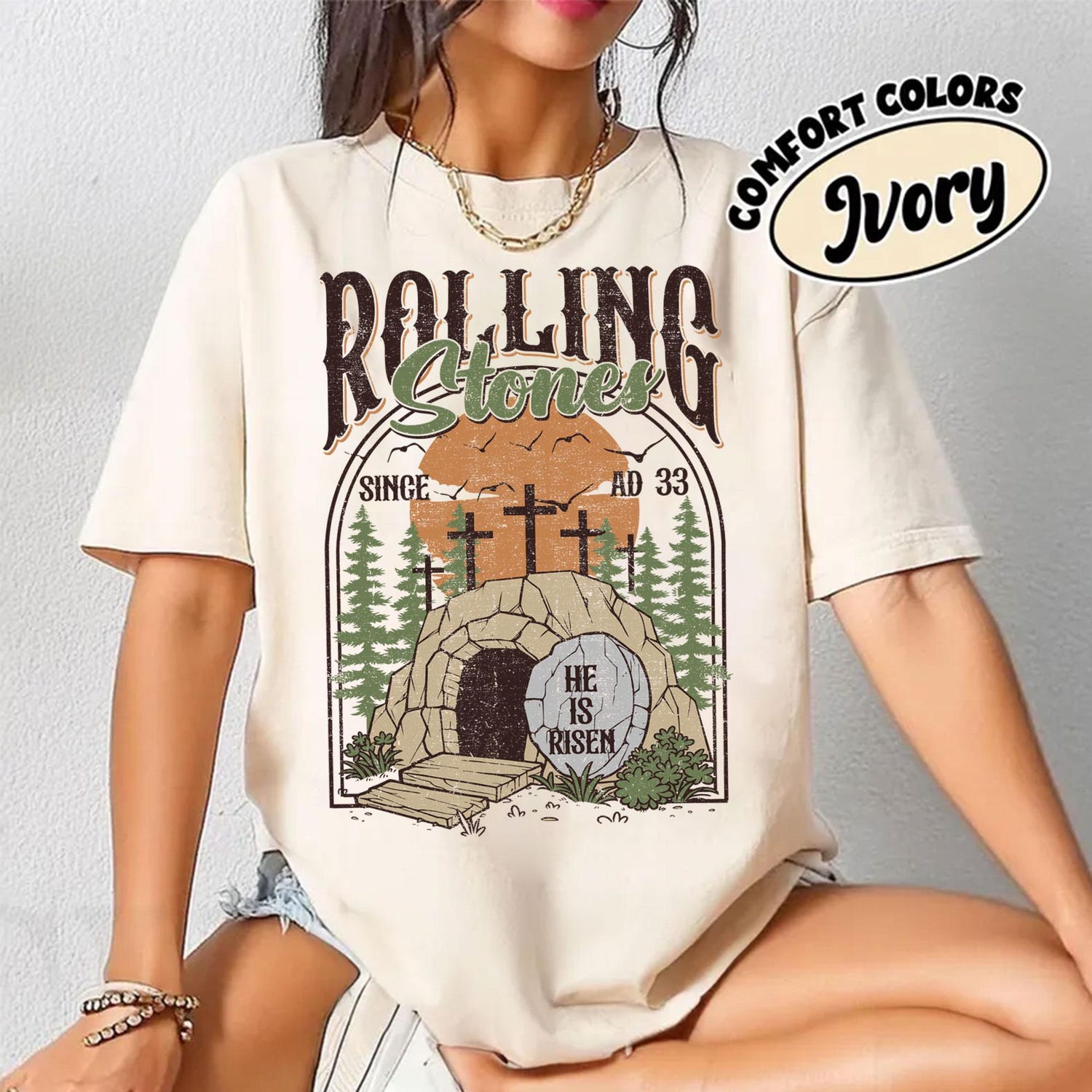 Comfort Colors Rolling Stones T-Shirt, Trendy Easter Clothing, Jesus Christ Shirt, Gift For Christian, Faith-Based Graphic Tee, Gift For Her