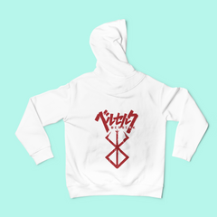 a white hoodie with a red design on it