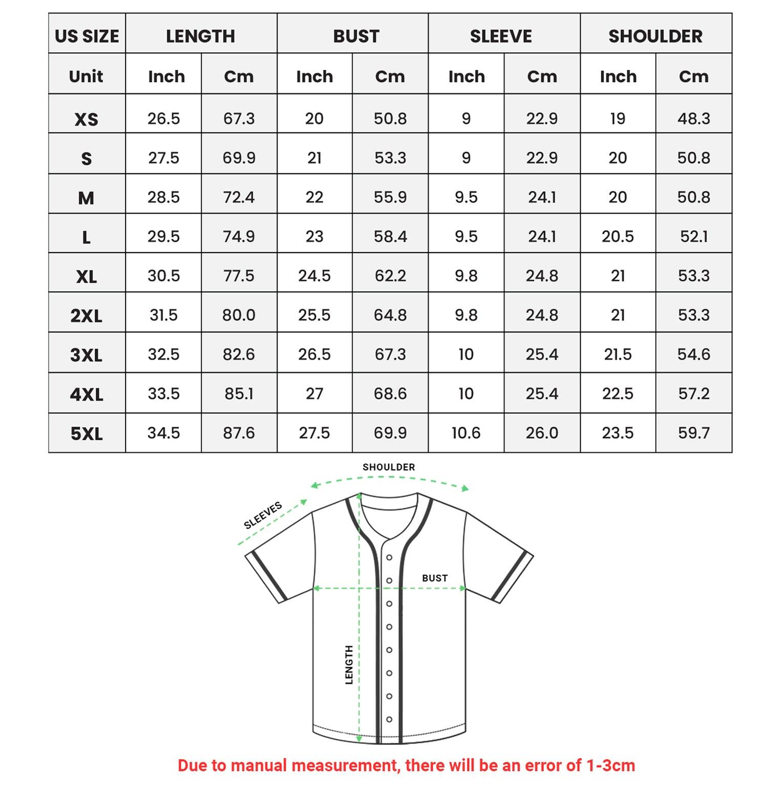 a size guide for a baseball jersey