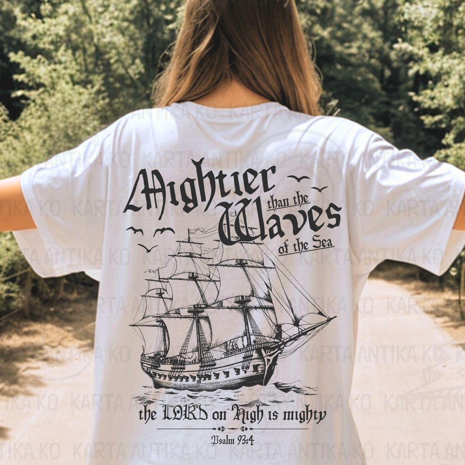 2 sided Mightier than the Waves, Retro Sailor, Vintage Men's Bible shirt, Minimal Christian Dad Fishing shirt