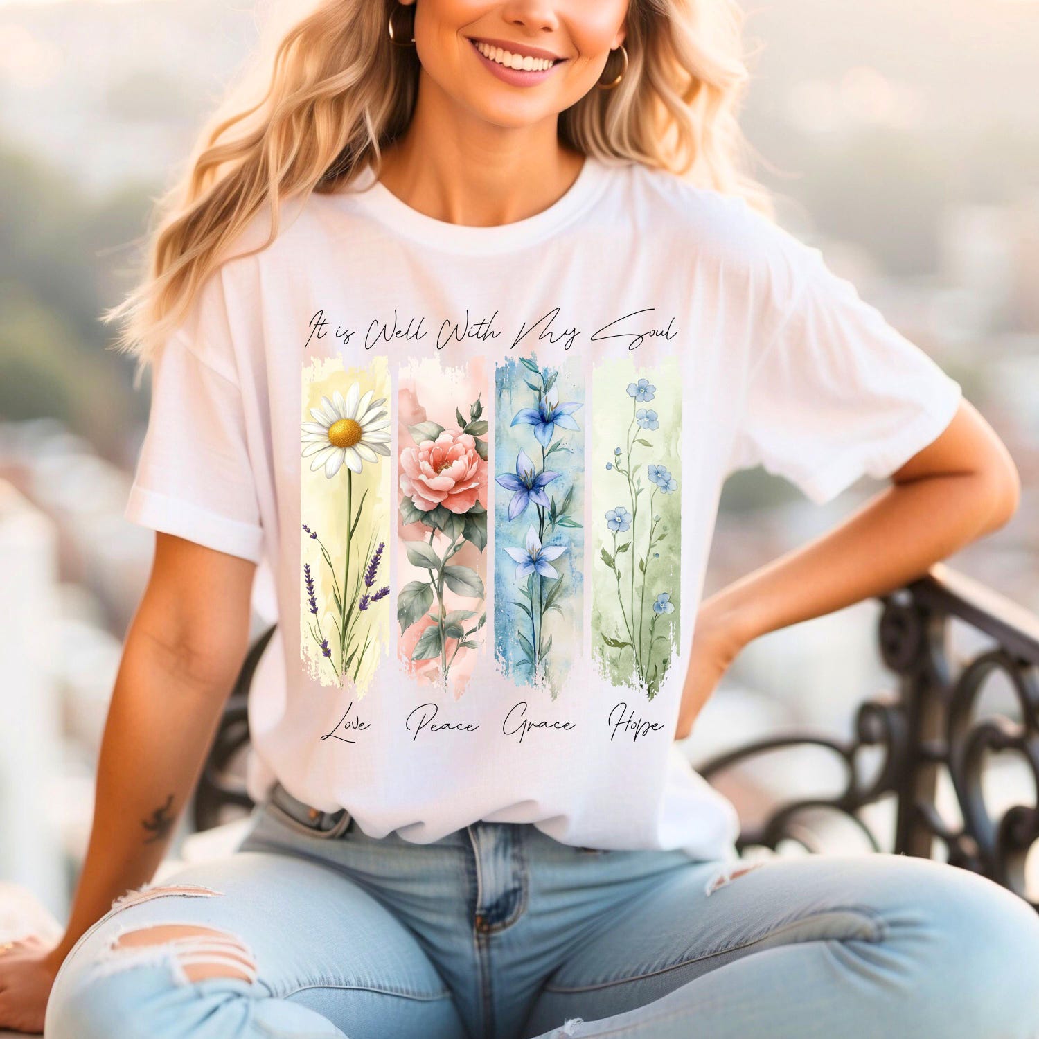 It Is Well With My Soul shirt, Bible Verse Floral apparel, Christian Wildflower shirt, Retro Boho Faith, Birth Flower shirt