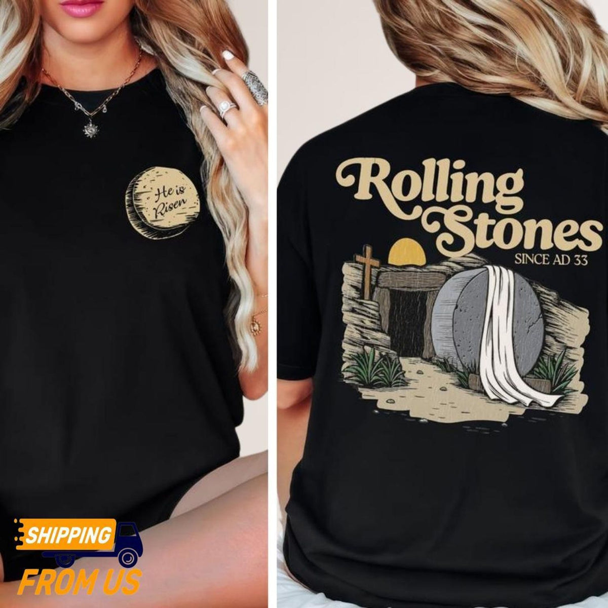 2 sided Rolling Stones Shirt, He Is Risen Shirt, Easter Trendy Shirt, Faith-Based Graphic Tee, Jesus Christ Shirt, Gift For Christian