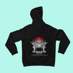 a black hoodie with a picture of a building on it