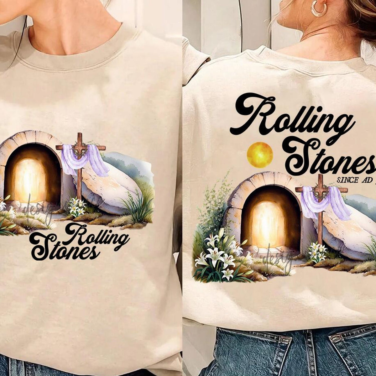2 sided Rolling Stones He Is Risen shirt, Funny Easter Christian, apparel, Religious Resurrection shirt