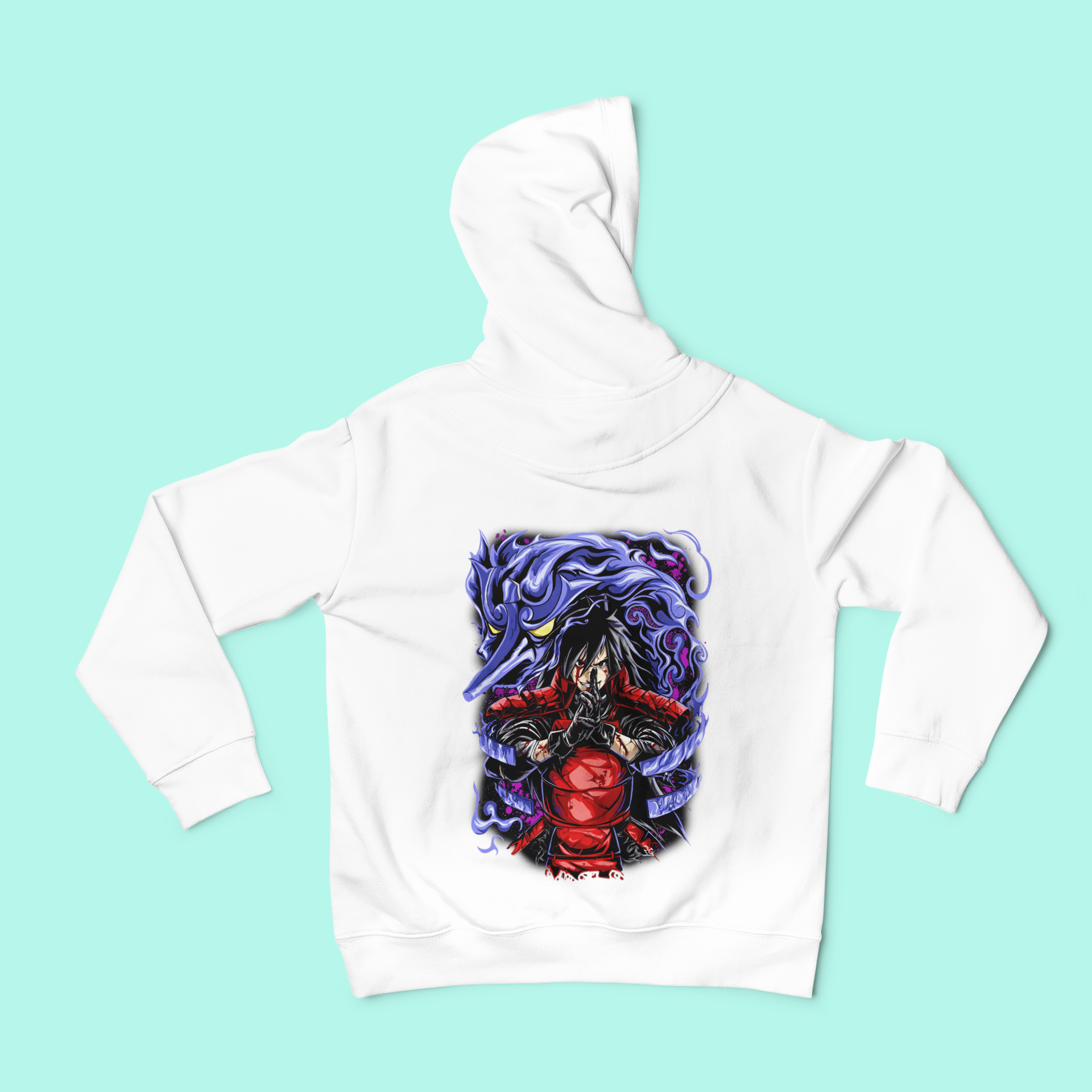 a white hoodie with a picture of a demon on it