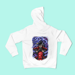 a white hoodie with a picture of a demon on it