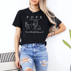 Pope Francis T-Shirt, Never Let The Light Of Hope Go Out, Catholic Faith Tee, Christian Inspirational Shirt, Religious Gift for Him or Her