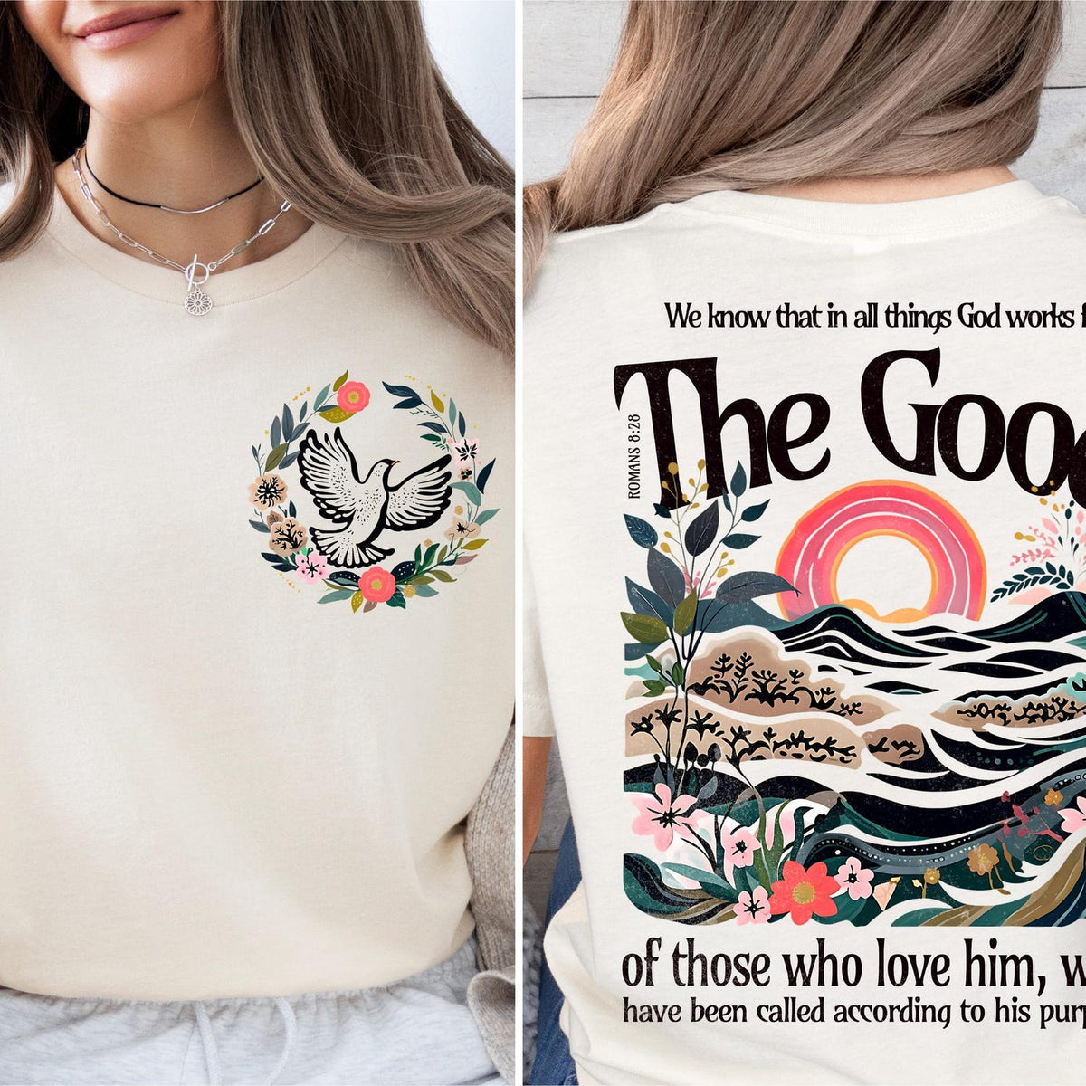 2 sided We Know That In All Things God Works For The Good Shirt, Jesus Tee, Christian Shirt, Inspirational T-shirt, Faith Sweatshirt, Faith Love Tee