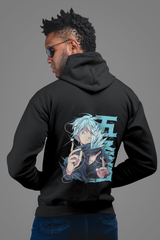 a man wearing a black hoodie with an anime character on it