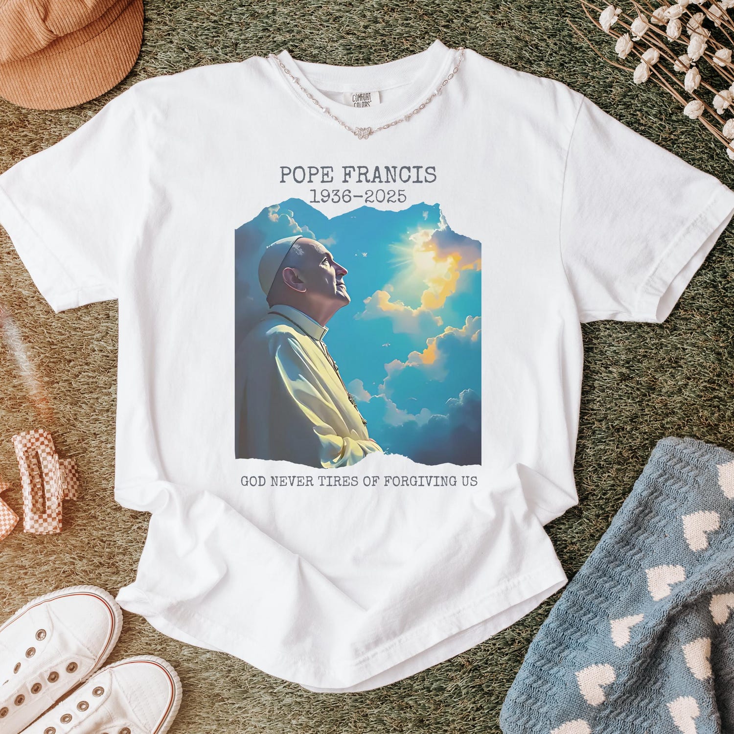 Pope Francis Memorial T-Shirt - Comfort Colors Tee, God Never Tires of Forgiving Us, Christian Tribute  Tshirt, Faith Shirt