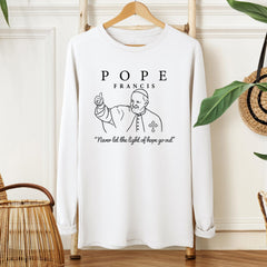 Pope Francis T-Shirt, Never Let The Light Of Hope Go Out, Catholic Faith Tee, Christian Inspirational Shirt, Religious Gift for Him or Her
