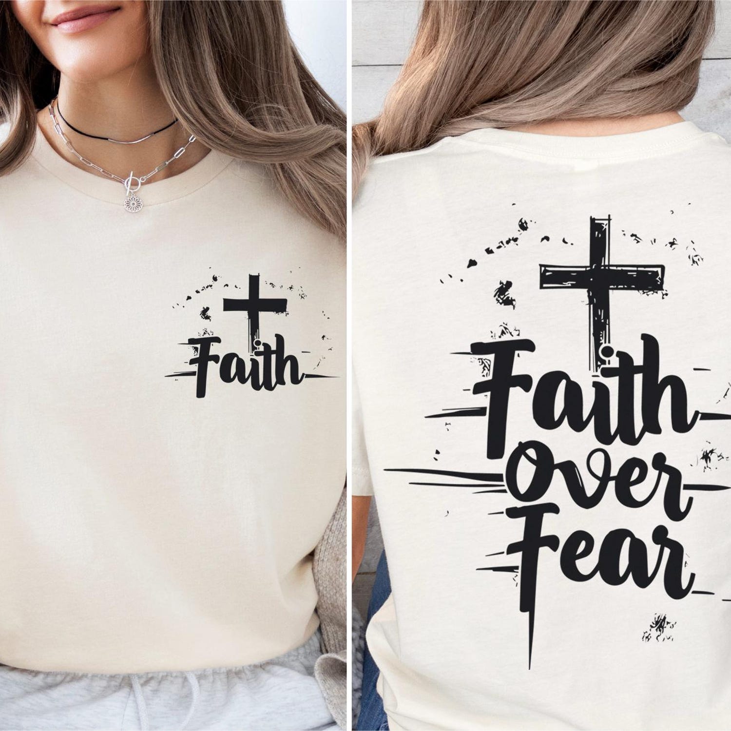 2 sided Faith Over Fear Shirt, Religious Sweatshirt, Bible Verse T-Shirt, Inspirational Christian Sweater, Motivational Faith Shirt, Cross T-Shirt