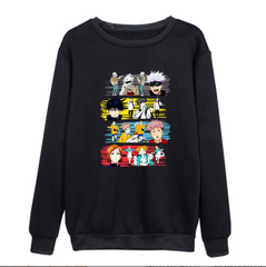 a black sweatshirt with anime characters on it