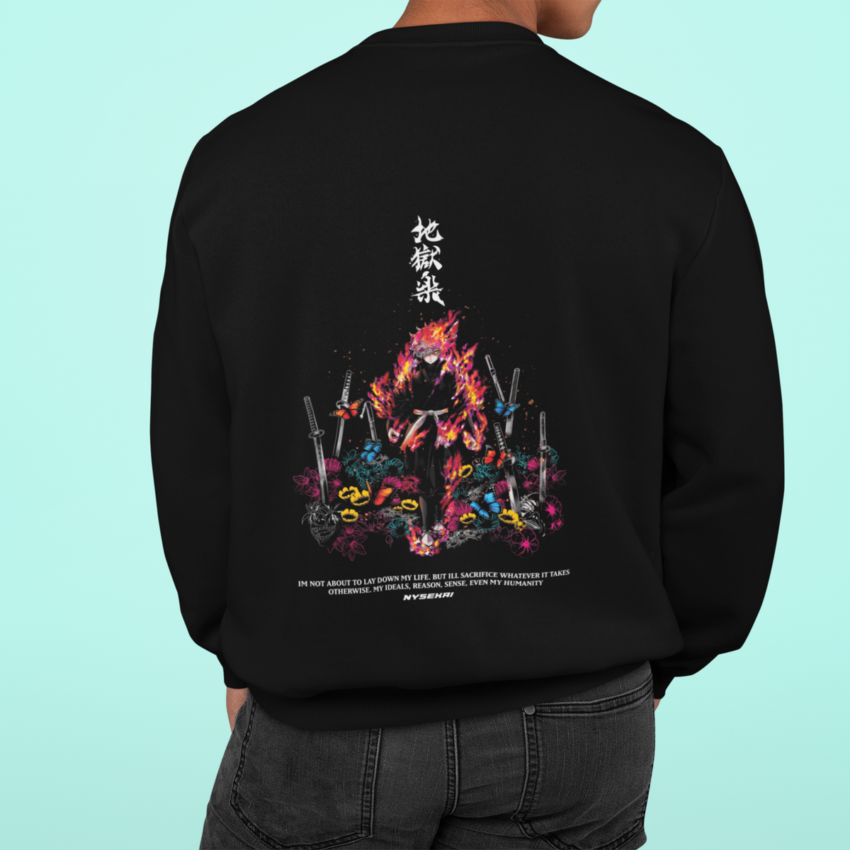 a man wearing a black sweatshirt with a dragon on it